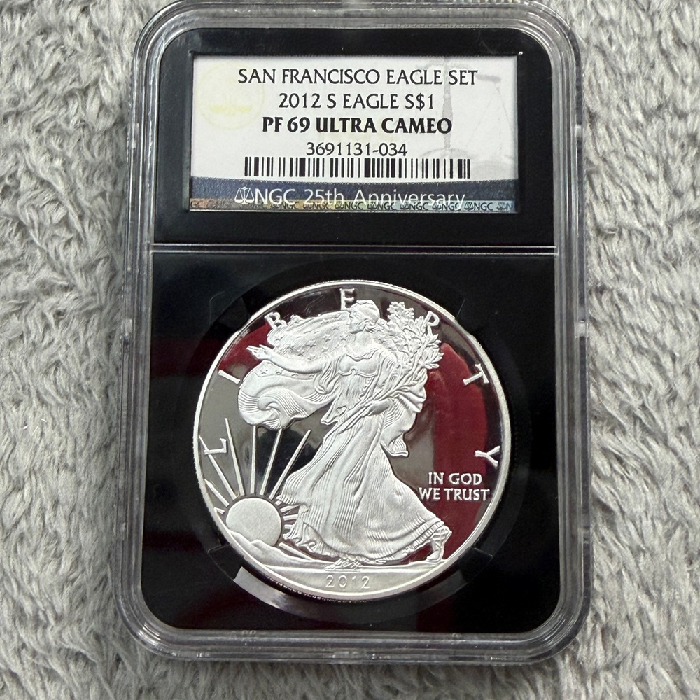 2012 S American Silver Eagle S$1 NGC PF 69 Ultra Cameo 25th Anniversary Label
